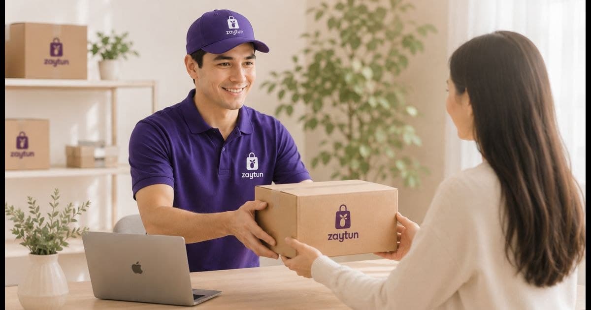 Курьер Zaytun передает заказ клиенту